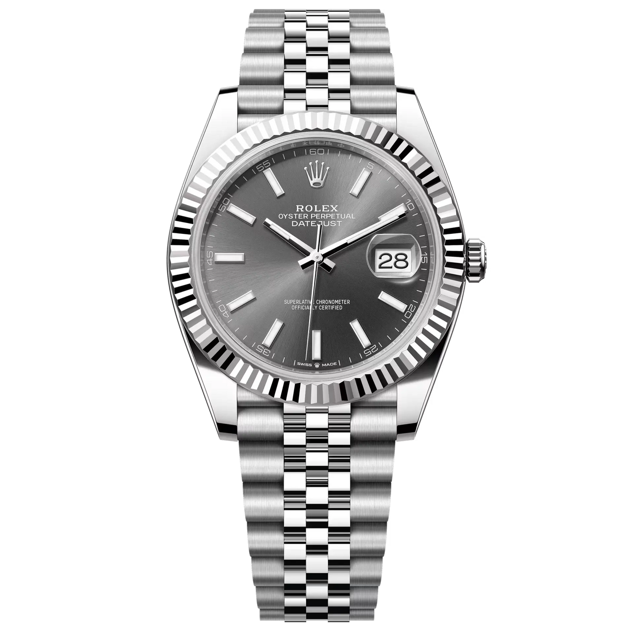 Datejust 41 in Oystersteel and white gold features a slate dial and a Jubilee bracelet.
