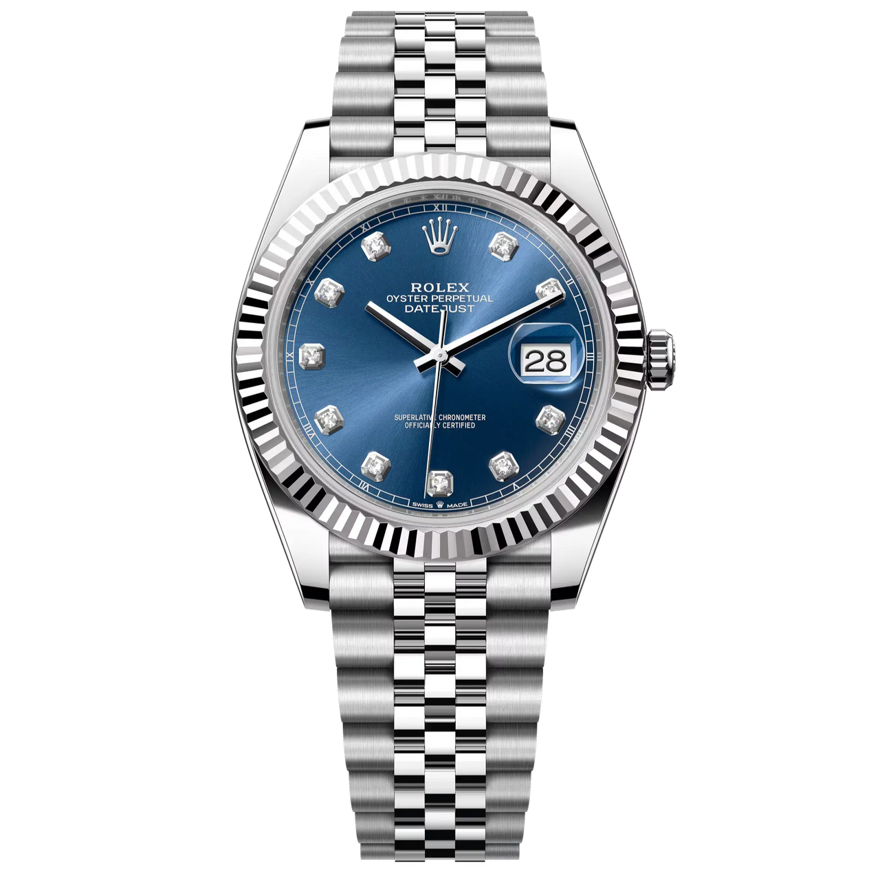 Datejust 41 in Oystersteel and white gold features a bright blue, diamond-set dial and a Jubilee bracelet.