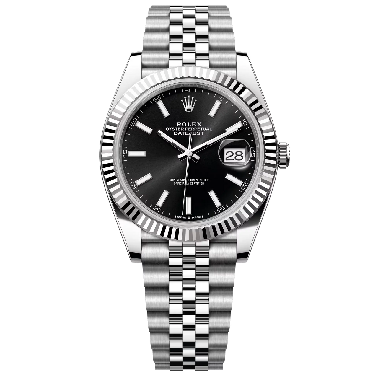 Datejust 41 in Oystersteel and white gold features a bright black dial and a Jubilee bracelet.