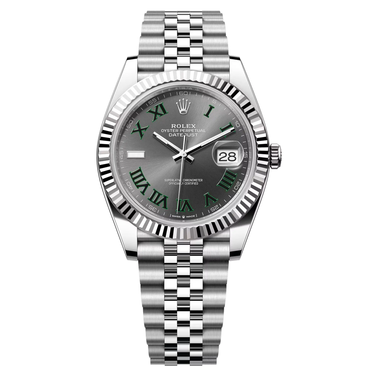 Datejust 41 in Oystersteel and white gold features a Wimbledon dial and a Jubilee bracelet.