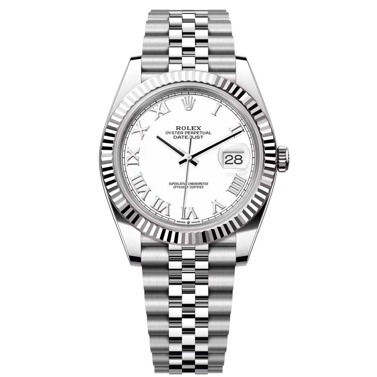 Datejust 41 in Oystersteel and white gold features a white dial and a Jubilee bracelet.