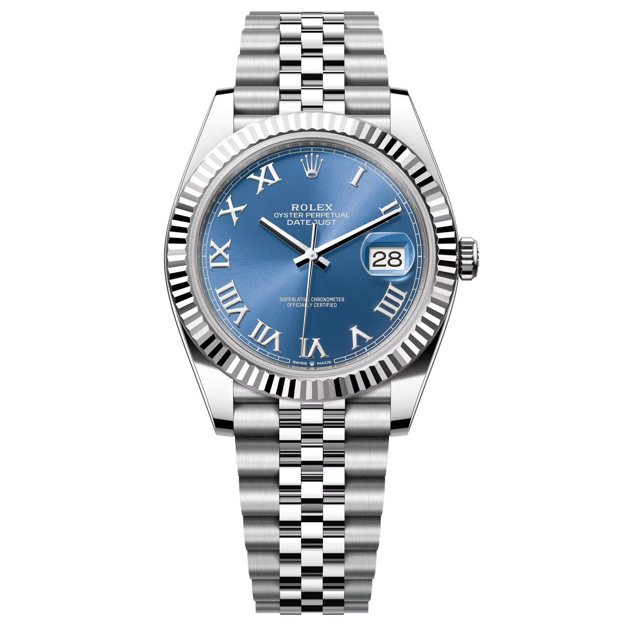 Datejust 41 in Oystersteel and white gold features an azzurro-blue dial and a Jubilee bracelet.