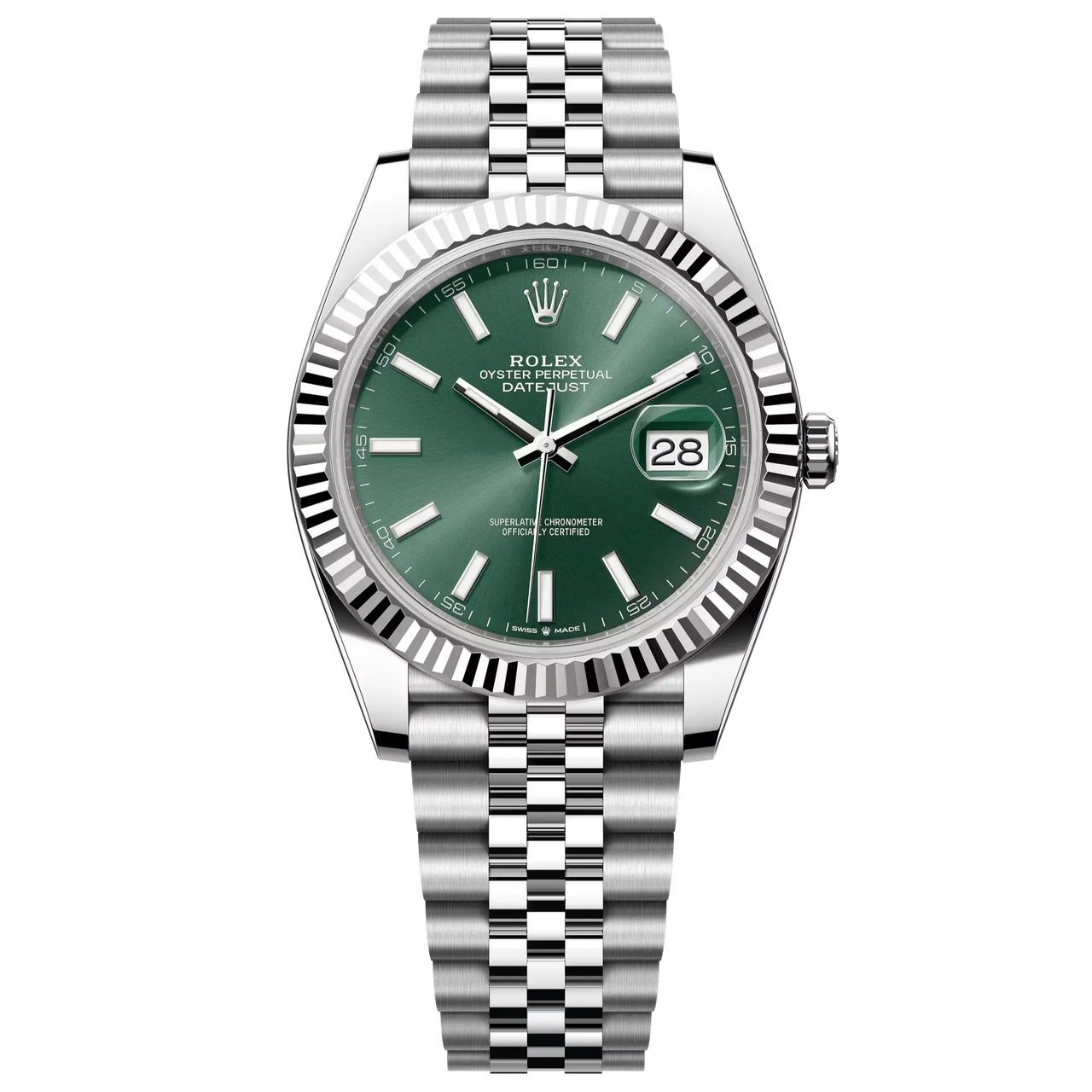 Datejust 41 in Oystersteel and white gold features a mint green dial and a Jubilee bracelet.