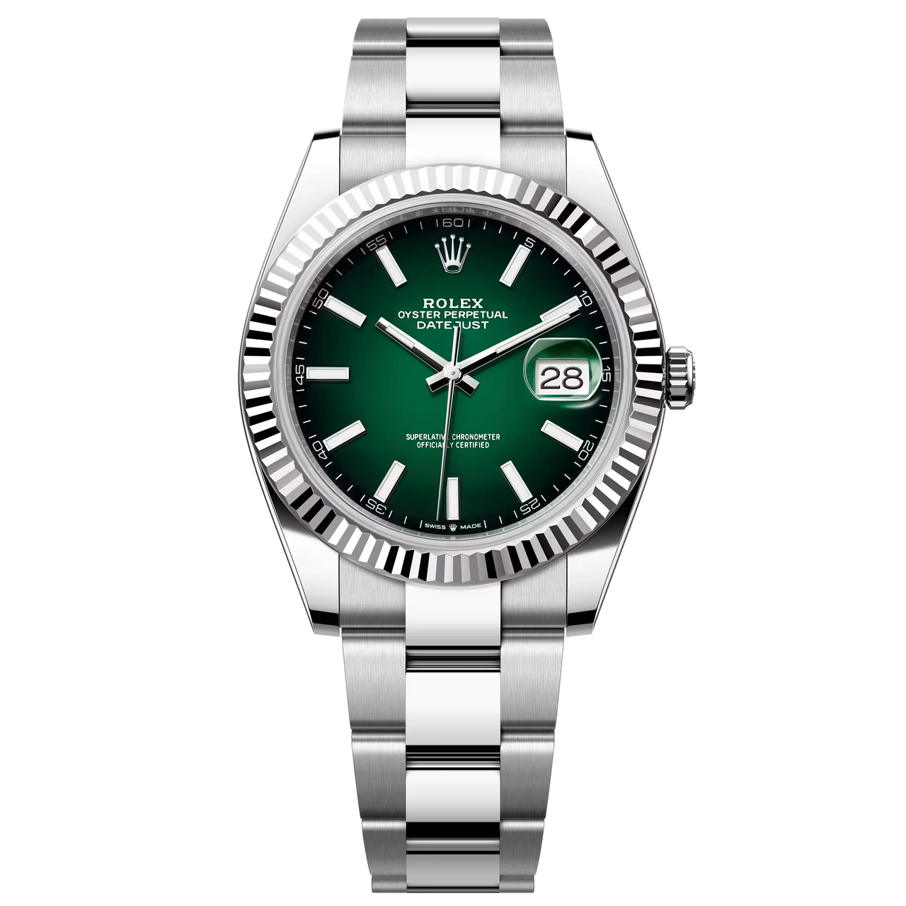 Datejust 41 in Oystersteel and white gold features a green ombre dial and a Oyster bracelet.