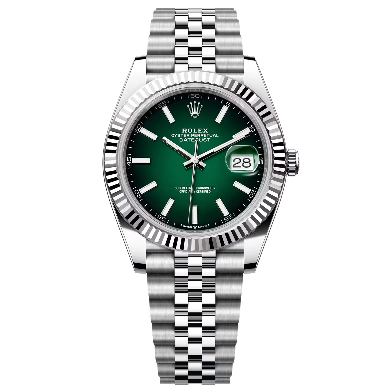 Datejust 41 in Oystersteel and white gold features a green ombre dial and a Jubilee bracelet.