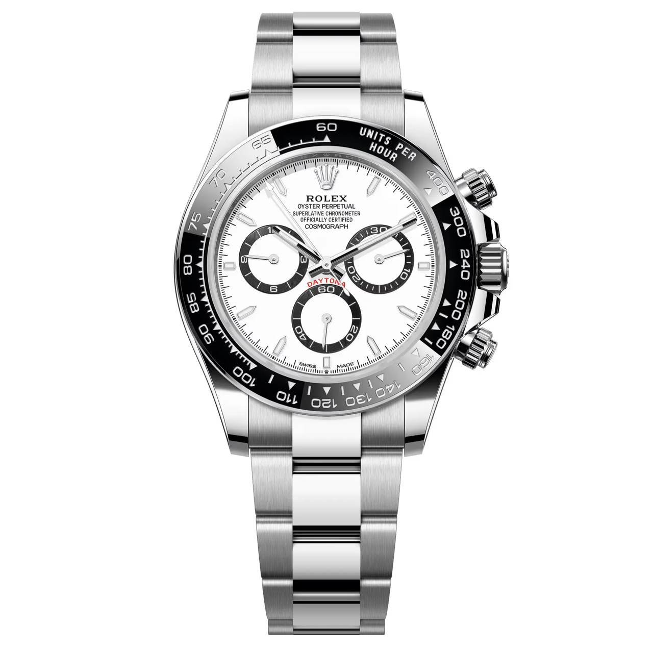 Cosmograph Daytona "Panda" in Oystersteel with a white dial and contrasting counter rings. It features an Oyster bracelet and a black Cerachrom bezel with tachymetric scale.