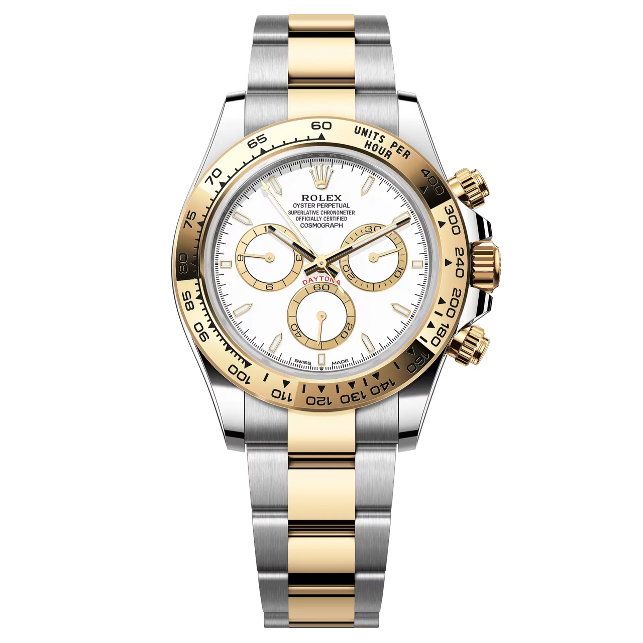 Cosmograph Daytona in Oystersteel and yellow gold with a white dial and contrasting counter rings. It features an Oyster bracelet and a yellow gold bezel with an engraved tachymetric scale.