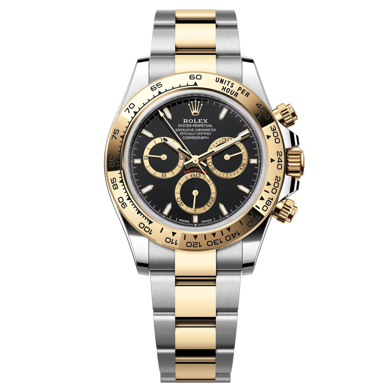 Cosmograph Daytona in Oystersteel and yellow gold with a black dial and contrasting counter rings. It features an Oyster bracelet and a yellow gold bezel with an engraved tachymetric scale.