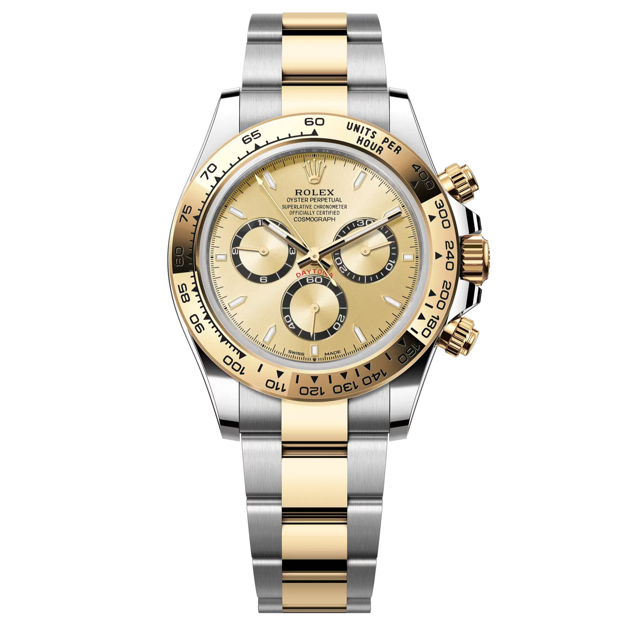 Cosmograph Daytona in Oystersteel and yellow gold with a golden dial and contrasting counter rings. It features an Oyster bracelet and a yellow gold bezel with an engraved tachymetric scale.