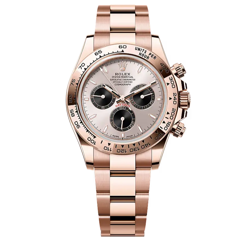 Cosmograph Daytona in 18 ct Everose gold, with a Sundust and bright black dial and an Oyster bracelet, features an 18 ct Everose gold bezel with an engraved tachymetric scale.