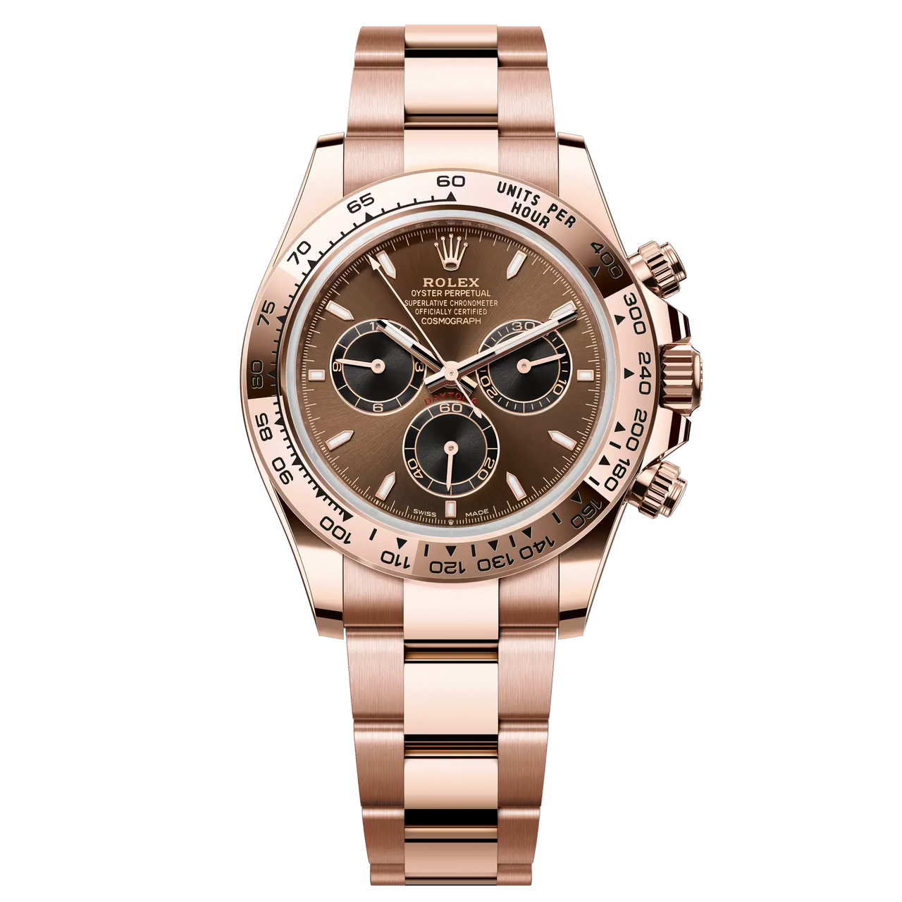 Cosmograph Daytona in 18 ct Everose gold, with a chocolate and black dial and an Oyster bracelet, features an 18 ct Everose gold bezel with an engraved tachymetric scale.