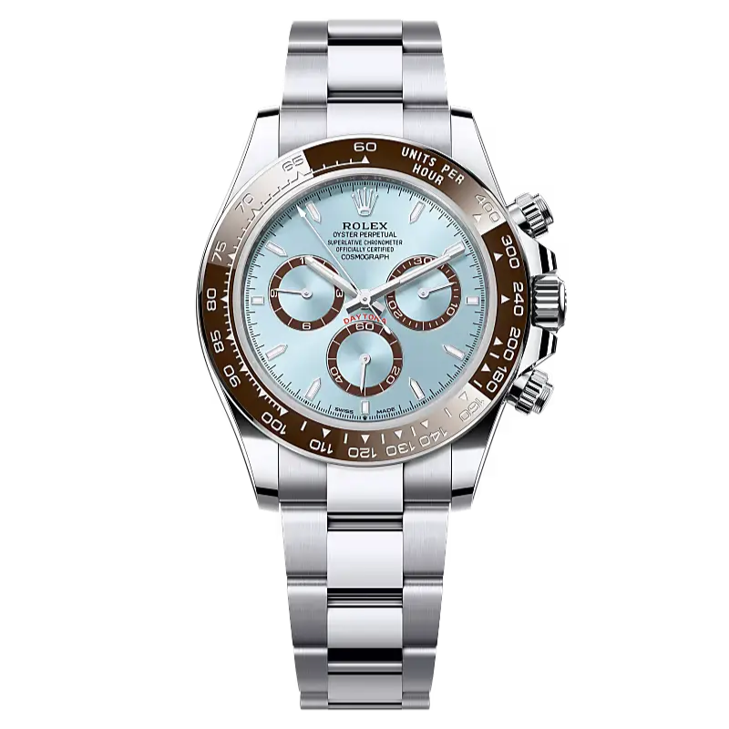 Cosmograph Daytona in platinum with an ice-blue dial and contrasting counter rings. It features an Oyster bracelet and a chestnut brown Cerachrom bezel with tachymetric scale.