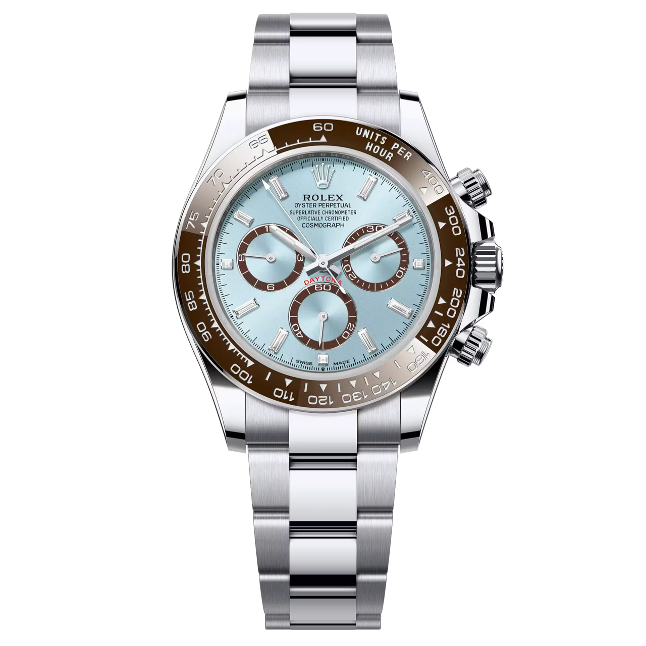 Cosmograph Daytona in platinum with an ice-blue, diamond-set dial and contrasting counter rings. It features an Oyster bracelet and a chestnut brown Cerachrom bezel with tachymetric scale.
