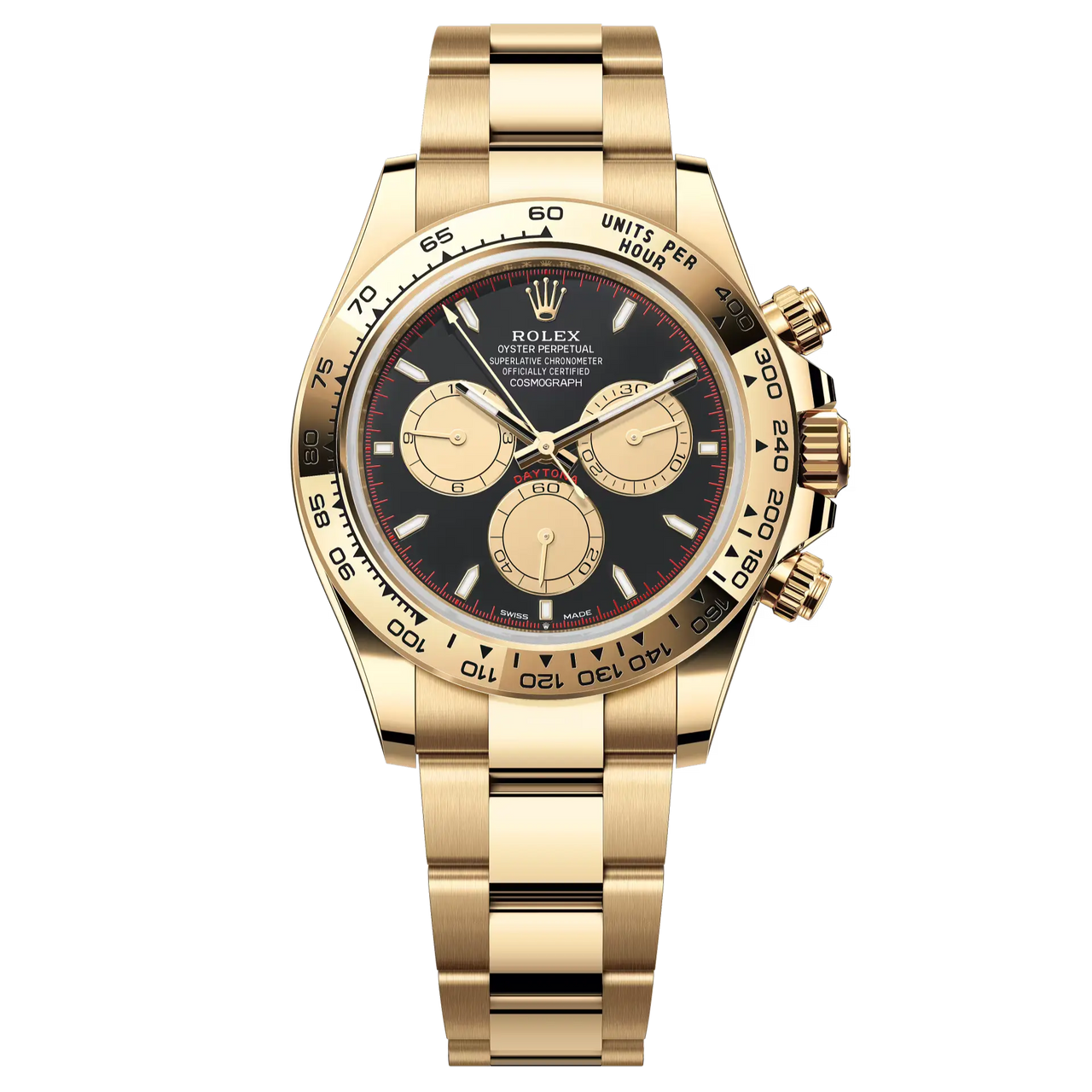 Cosmograph Daytona in 18 ct yellow gold, with an intense black and champagne-colour dial and an Oyster bracelet, features an 18 ct yellow gold bezel with an engraved tachymetric scale.