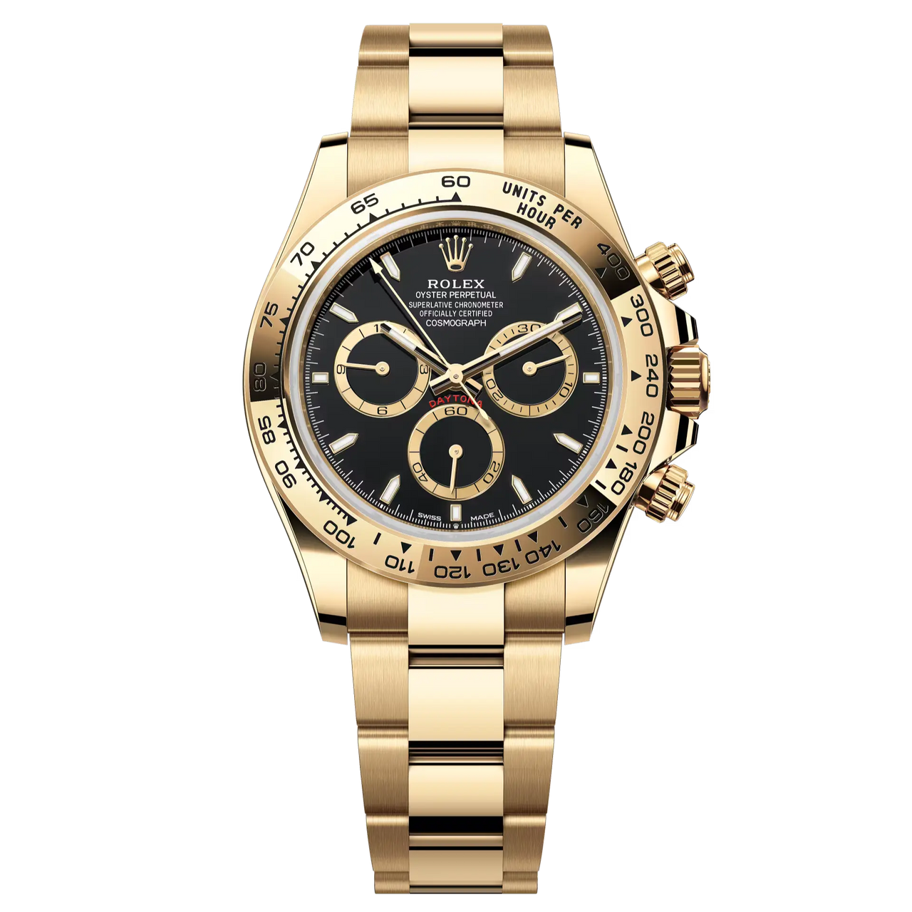 Cosmograph Daytona in 18 ct yellow gold with a black dial and contrasting counter rings. It features an Oyster bracelet and an 18 ct yellow gold bezel with an engraved tachymetric scale.