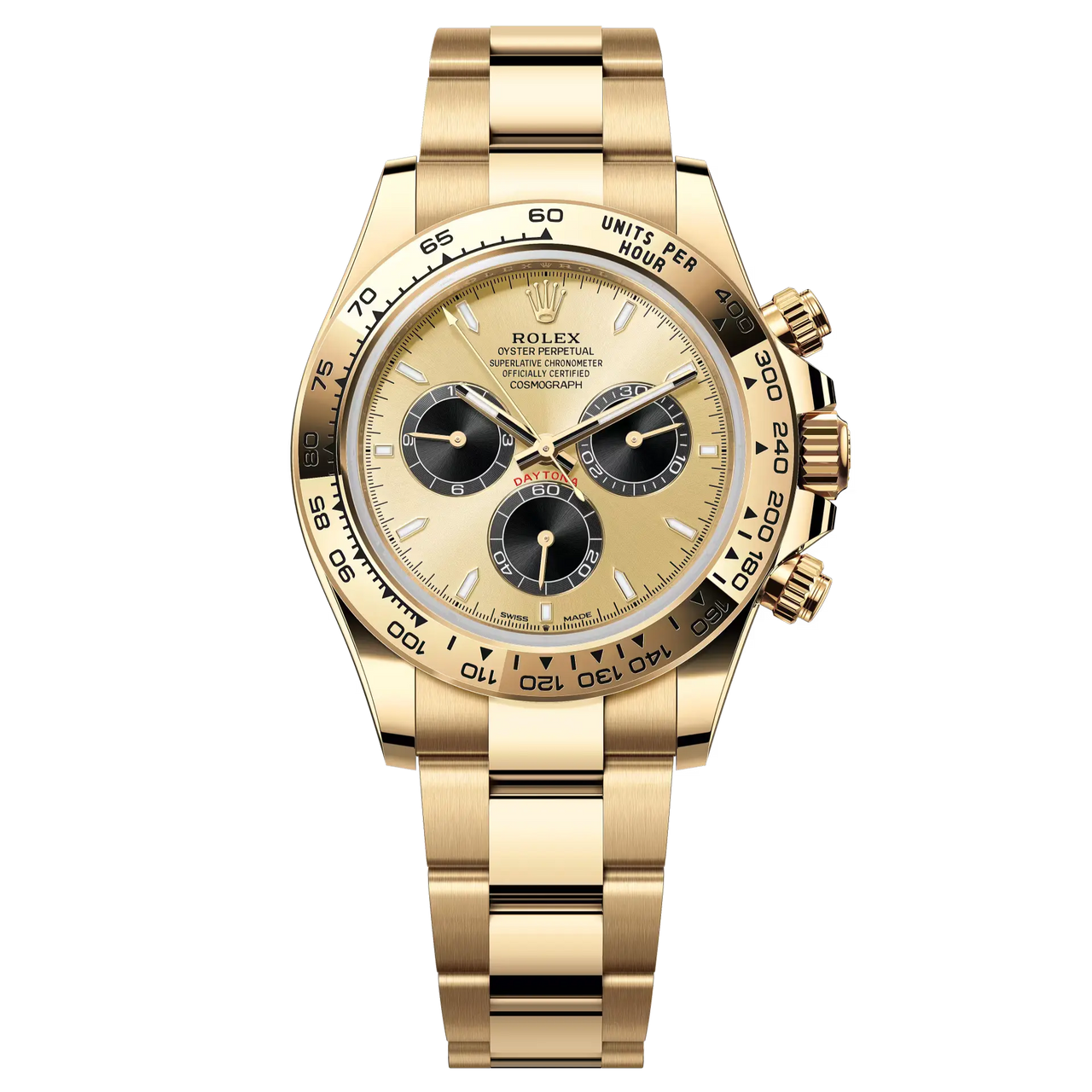 Cosmograph Daytona in 18 ct yellow gold, with a golden and bright black dial and an Oyster bracelet, features an 18 ct yellow gold bezel with an engraved tachymetric scale.
