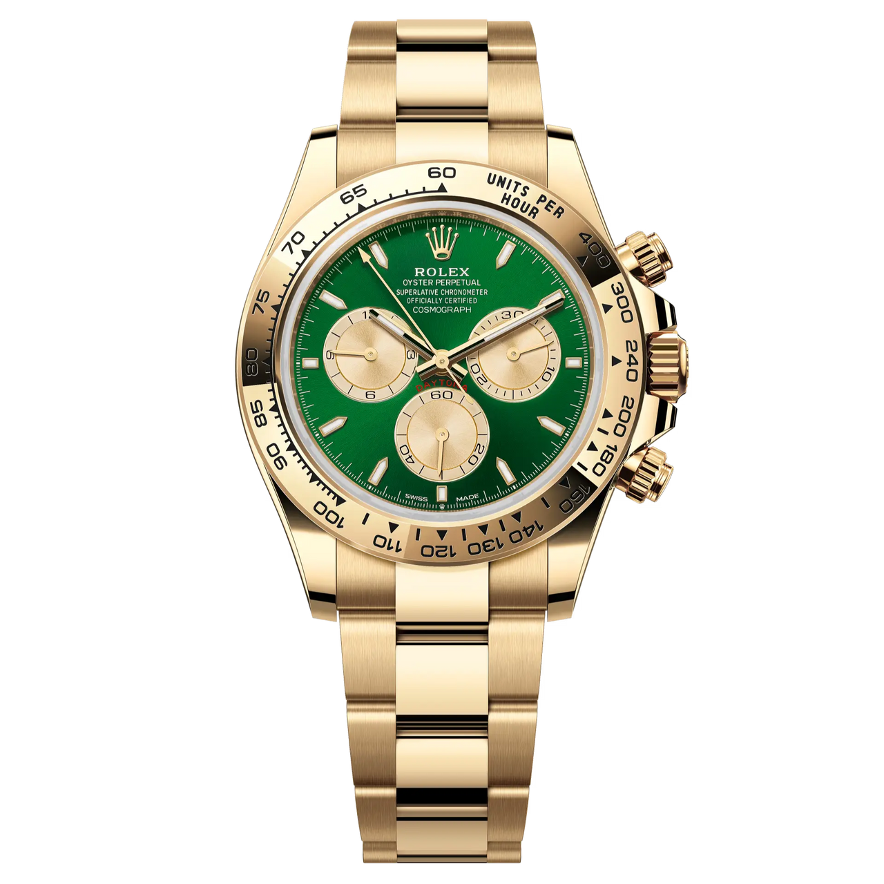 Cosmograph Daytona in 18 ct yellow gold, with a bright green and golden dial and an Oyster bracelet, features an 18 ct yellow gold bezel with an engraved tachymetric scale.