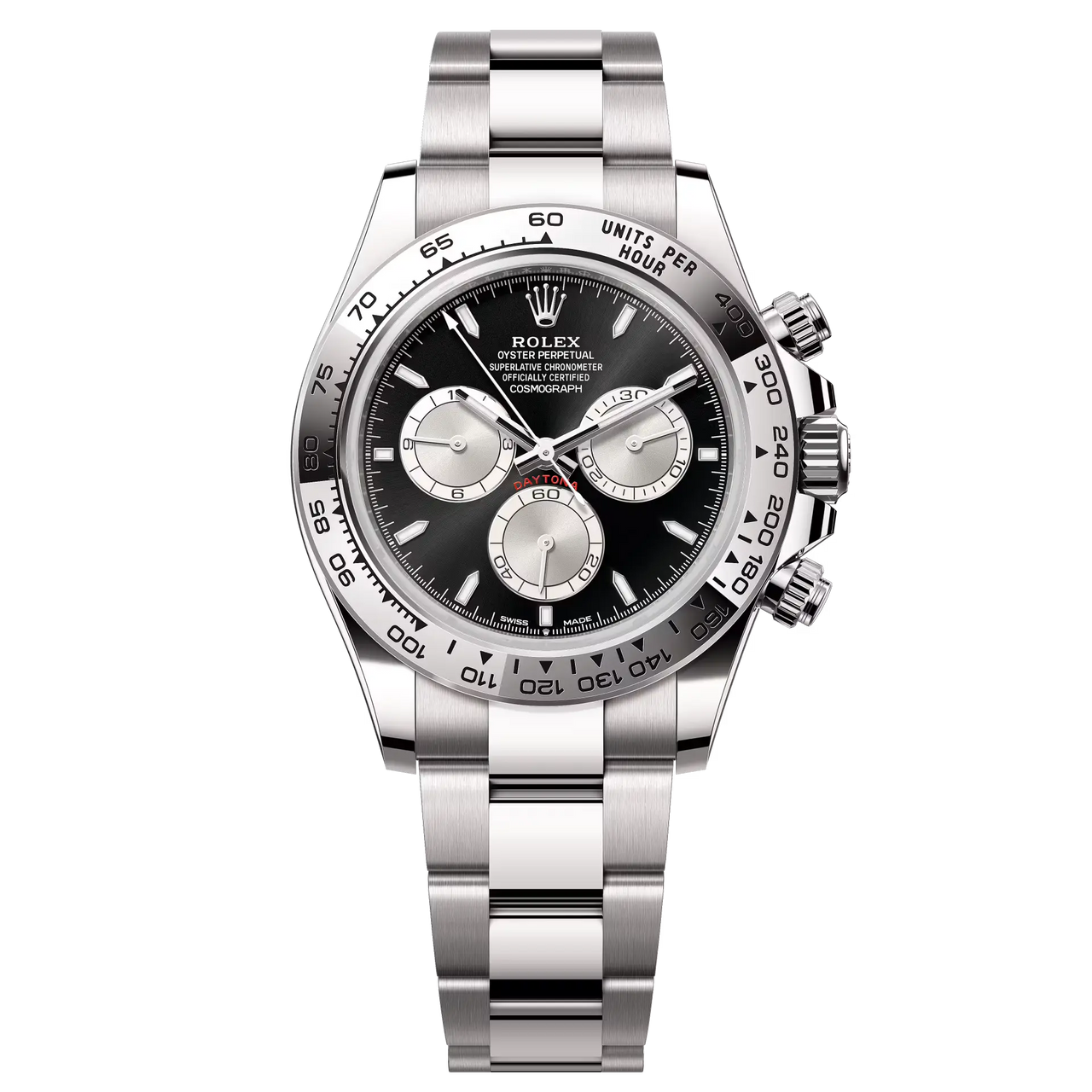 Cosmograph Daytona in 18 ct white gold, with a bright black and steel dial and an Oyster bracelet, features an 18 ct white gold bezel with an engraved tachymetric scale.