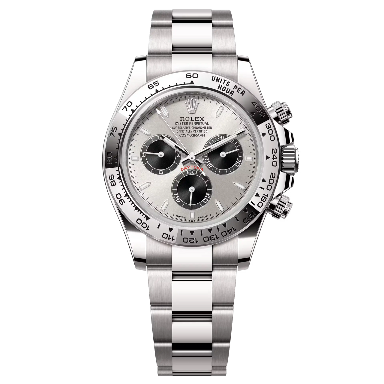 Cosmograph Daytona in 18 ct white gold, with a steel and bright black dial and an Oyster bracelet, features an 18 ct white gold bezel with an engraved tachymetric scale.