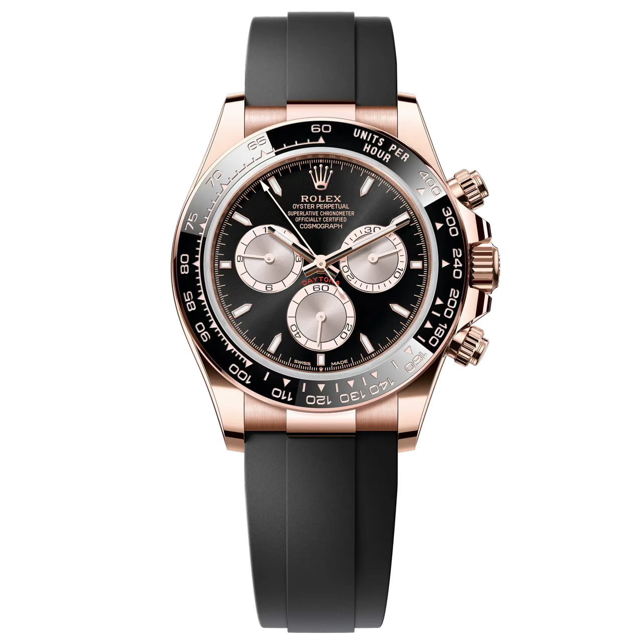 Cosmograph Daytona in 18 ct Everose gold, with a bright black and Sundust dial and an Oysterflex bracelet, features a black Cerachrom bezel with tachymetric scale.