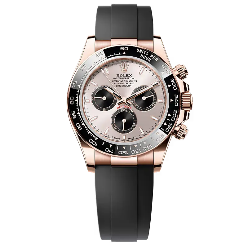 Cosmograph Daytona in 18 ct Everose gold, with a Sundust and bright black dial and an Oysterflex bracelet, features a black Cerachrom bezel with tachymetric scale.