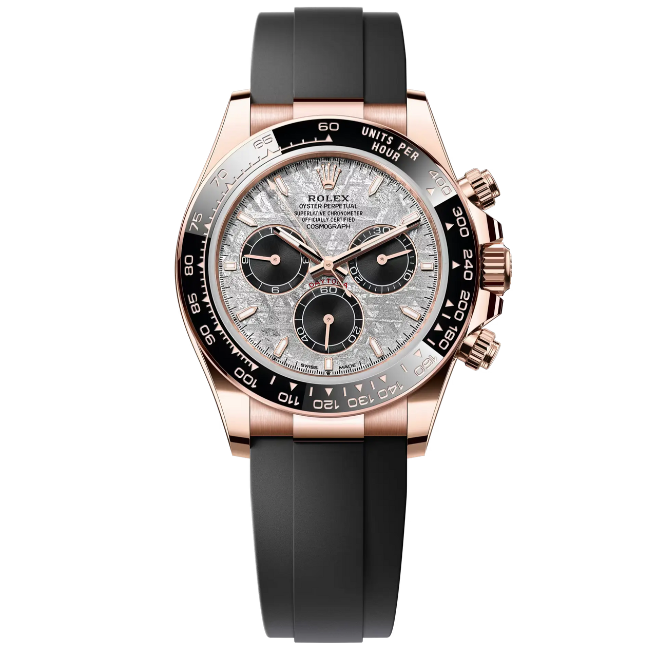 Cosmograph Daytona in 18 ct Everose gold, with a meteorite and black dial and an Oysterflex bracelet, features a black Cerachrom bezel with tachymetric scale.