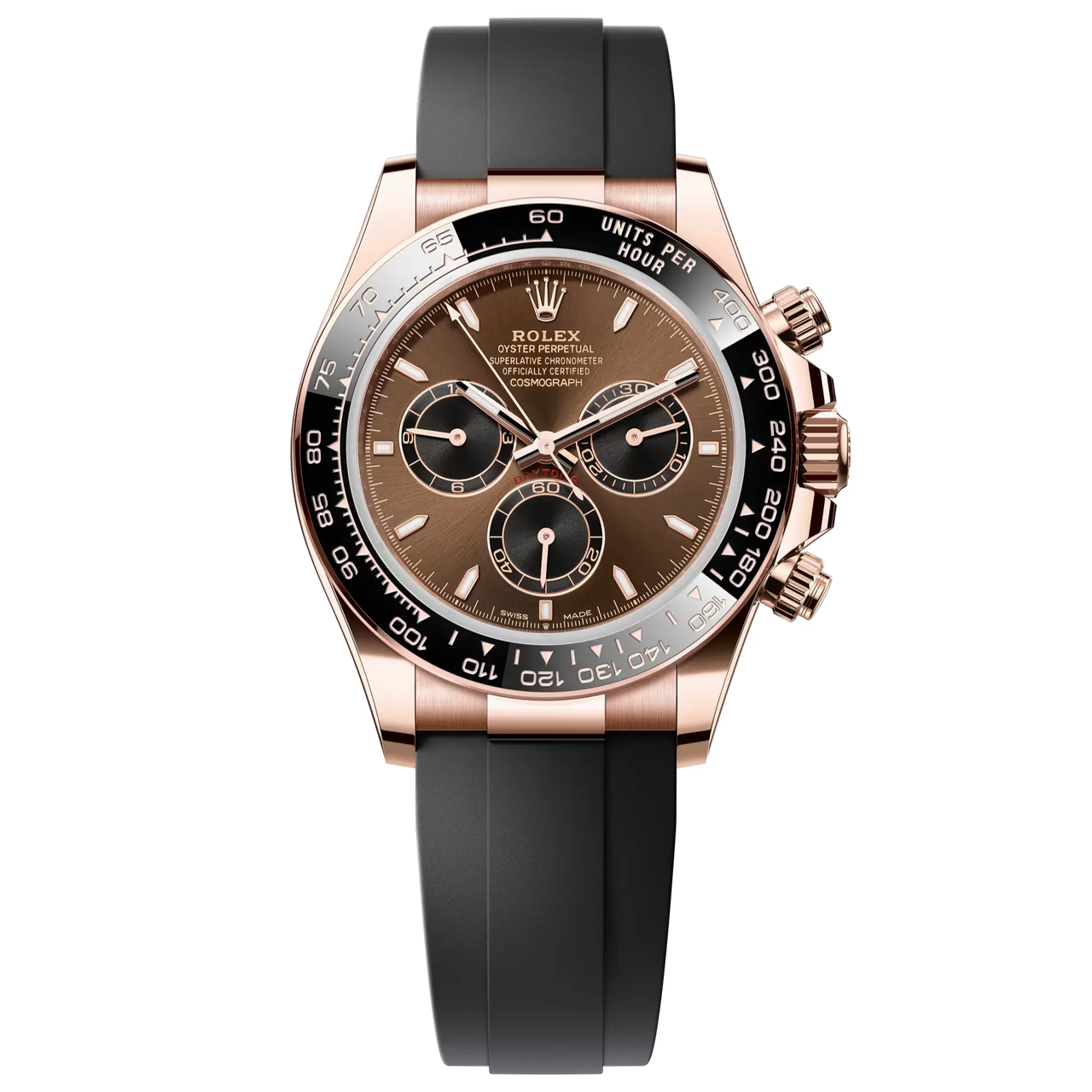 Cosmograph Daytona in 18 ct Everose gold, with a chocolate and black dial and an Oysterflex bracelet, features a black Cerachrom bezel with tachymetric scale.