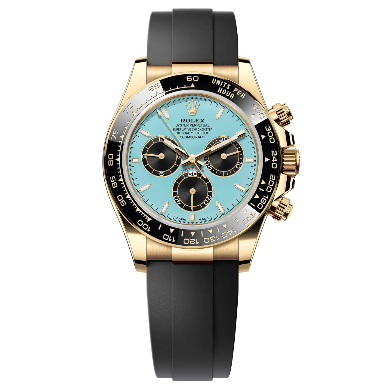 Cosmograph Daytona in 18 ct yellow gold, with a turquoise blue and black dial and an Oysterflex bracelet, features a black Cerachrom bezel with tachymetric scale.