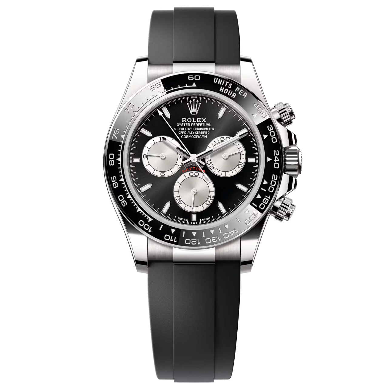 Cosmograph Daytona in 18 ct white gold, with a bright black and steel dial and an Oysterflex bracelet, features a black Cerachrom bezel with tachymetric scale.