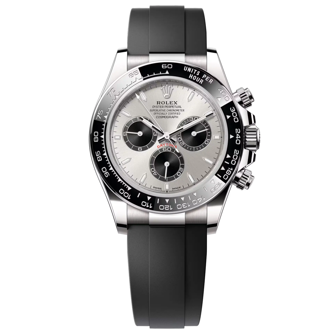 Cosmograph Daytona in 18 ct white gold, with a steel and bright black dial and an Oysterflex bracelet, features a black Cerachrom bezel with tachymetric scale.