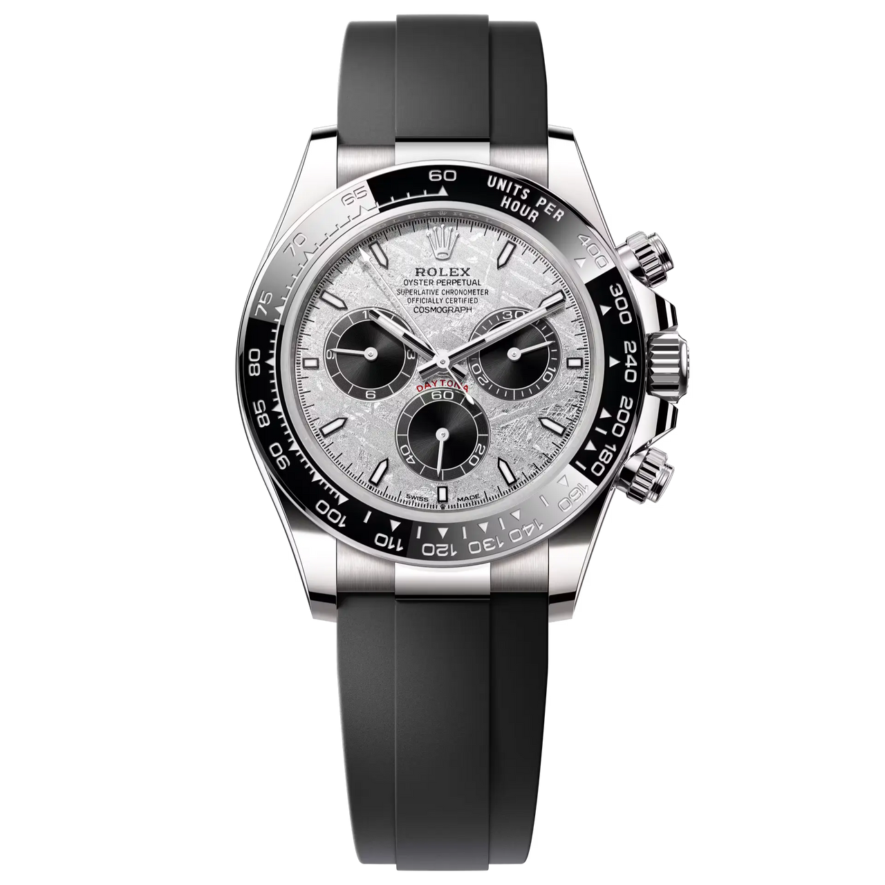 Cosmograph Daytona in 18 ct white gold, with a meteorite and black dial and an Oysterflex bracelet, features a black Cerachrom bezel with tachymetric scale.