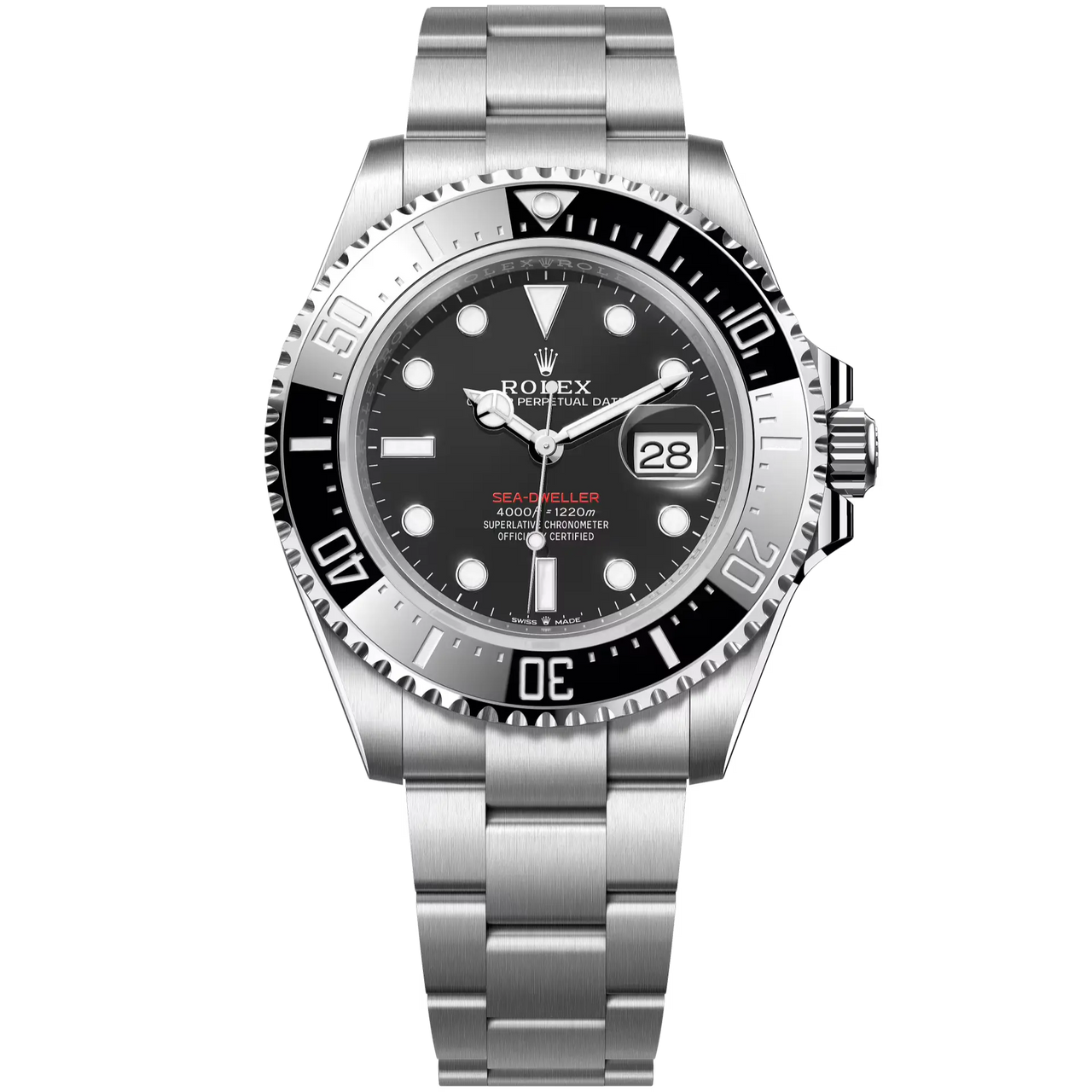 Sea-Dweller in Oystersteel with a Cerachrom bezel insert in black ceramic and an Oyster bracelet.
