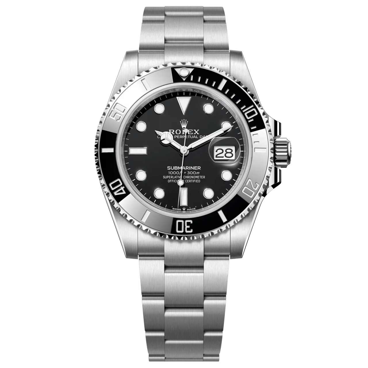 Submariner Date in Oystersteel with a Cerachrom bezel insert in black ceramic and a black dial with large luminescent hour markers.