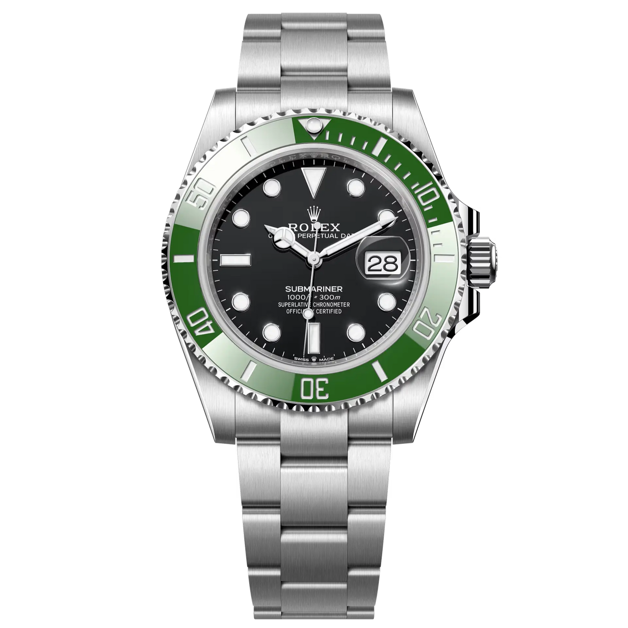 Submariner Date in Oystersteel with a Cerachrom bezel insert in green ceramic and a black dial with large luminescent hour markers.