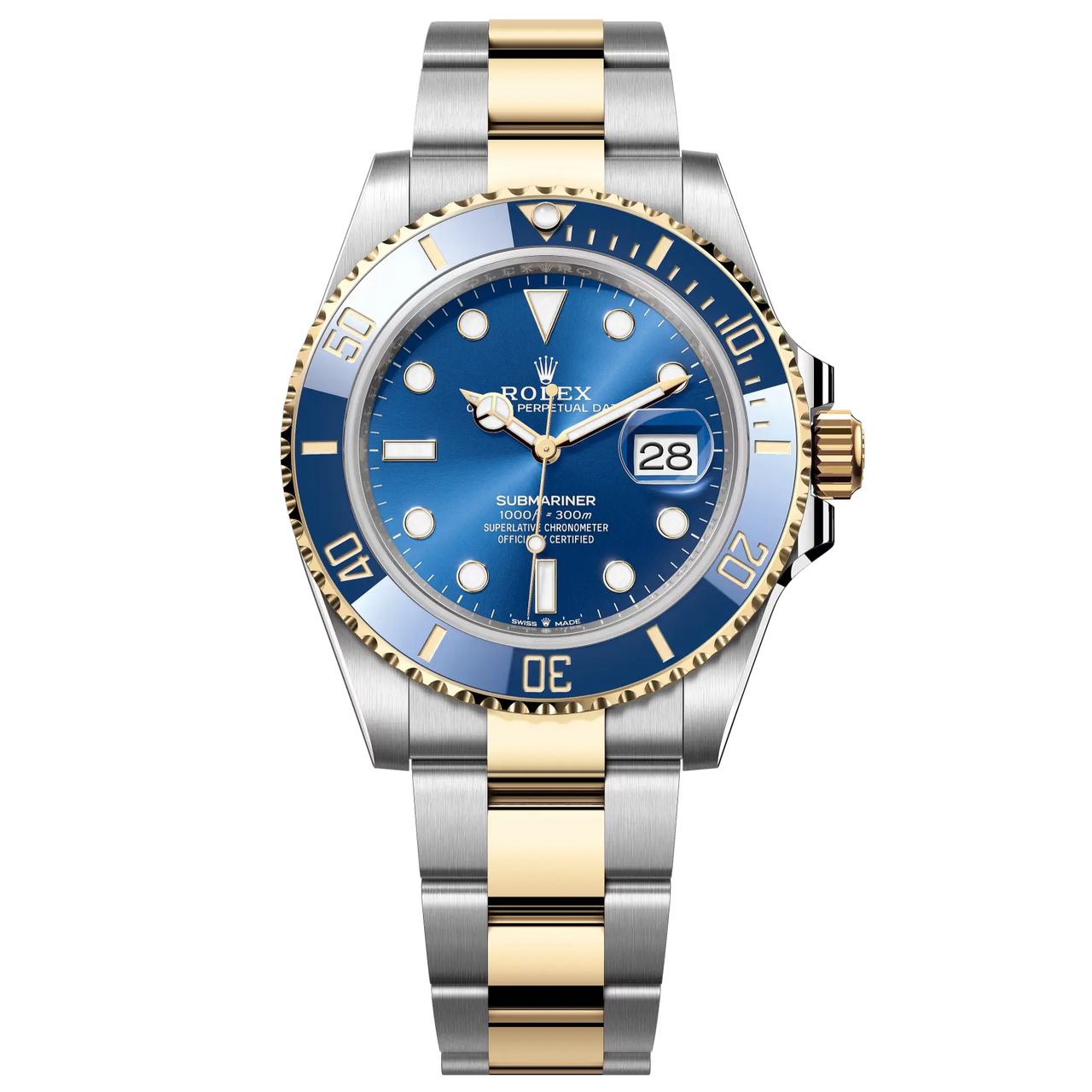 Submariner Date in Oystersteel and yellow gold with a Cerachrom bezel insert in blue ceramic and a royal blue dial with large luminescent hour markers.