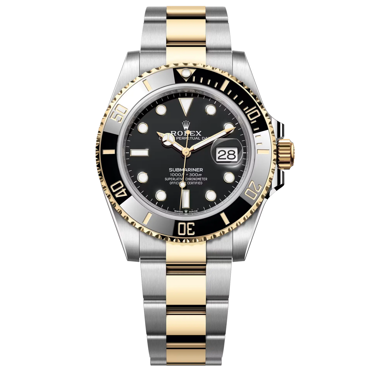 Submariner Date in Oystersteel and yellow gold with a Cerachrom bezel insert in black ceramic and a black dial with large luminescent hour markers.