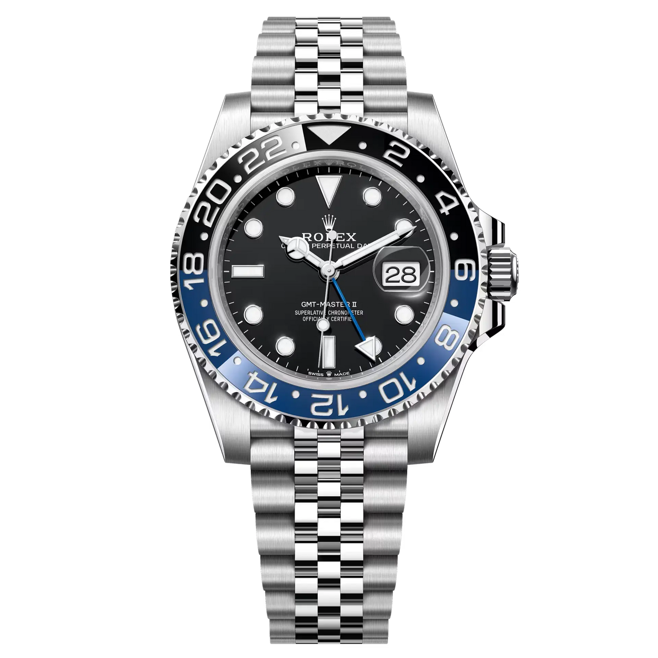 GMT-Master "Batgirl" II in Oystersteel with a black dial and a Jubilee bracelet.