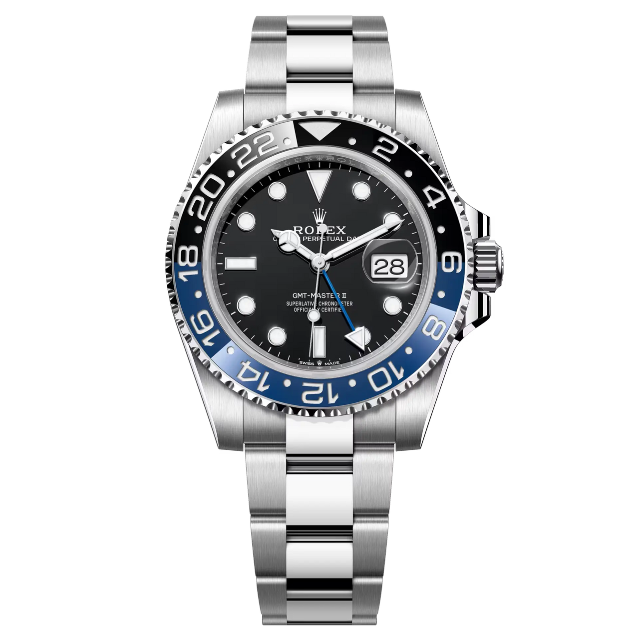 GMT-Master II “Batman” in Oystersteel with a black dial and a Jubilee bracelet.