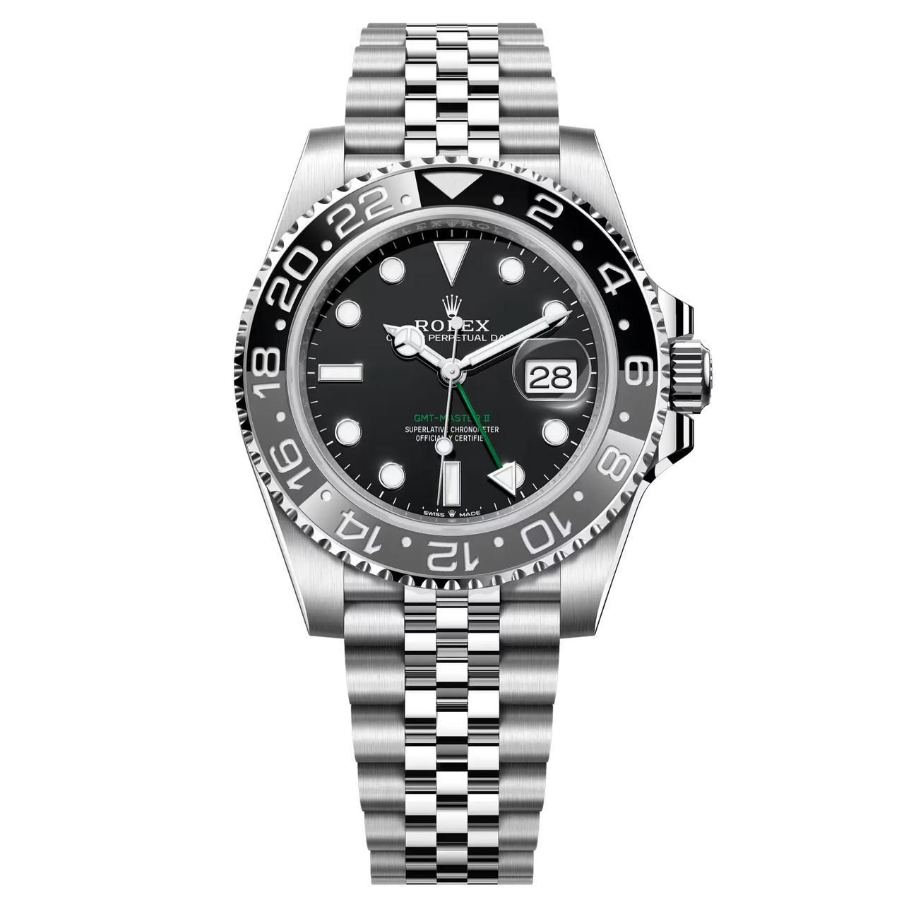 GMT-Master II "Bruce Wayne" in Oystersteel with a black dial and a Jubilee bracelet.
