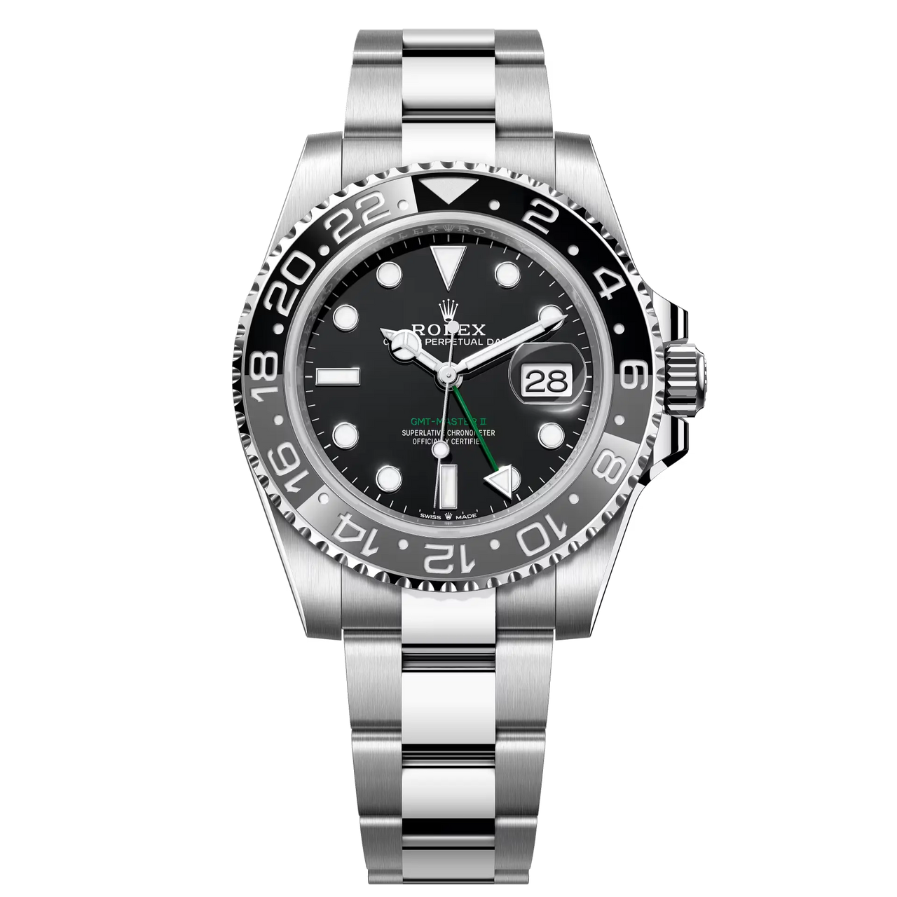 GMT-Master II "Bruce Wayne" in Oystersteel with a black dial and a Jubilee bracelet.