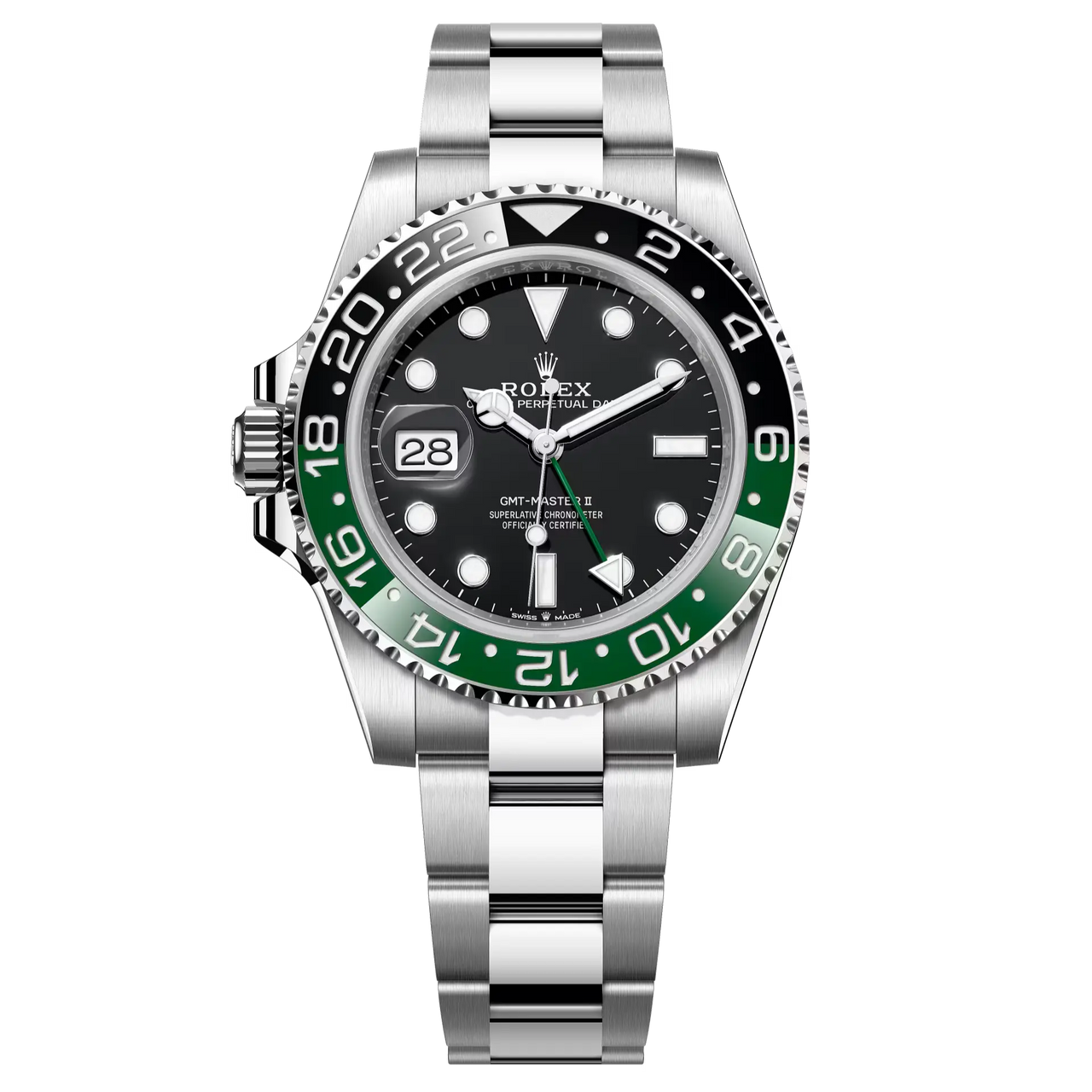 GMT-Master II “Sprite” in Oystersteel with a black dial and a Jubilee bracelet.