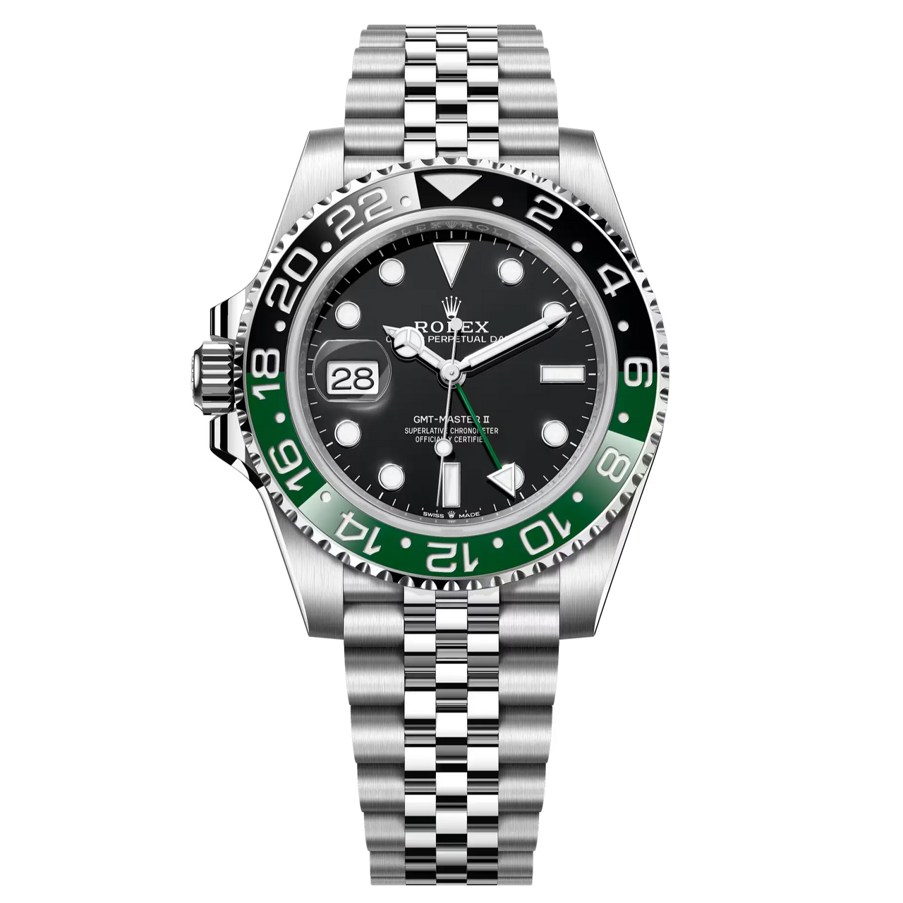 GMT-Master II “Sprite” in Oystersteel with a black dial and a Jubilee bracelet.