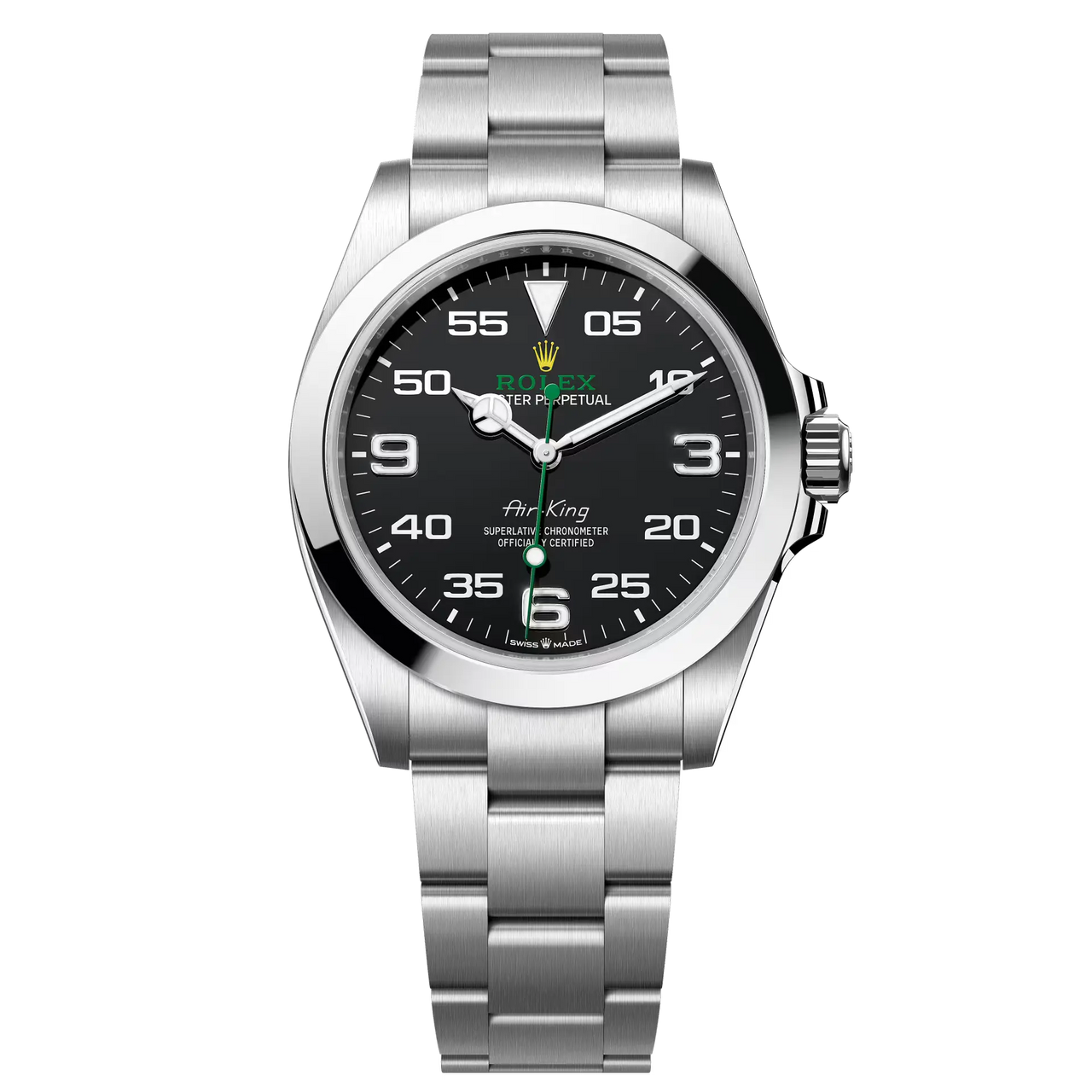 Rolex Air-King  With its 40mm case in Oystersteel, solid-link Oyster bracelet, and distinctive black dial, the Air-King perpetuates the aeronautical heritage of the original Rolex Oyster.