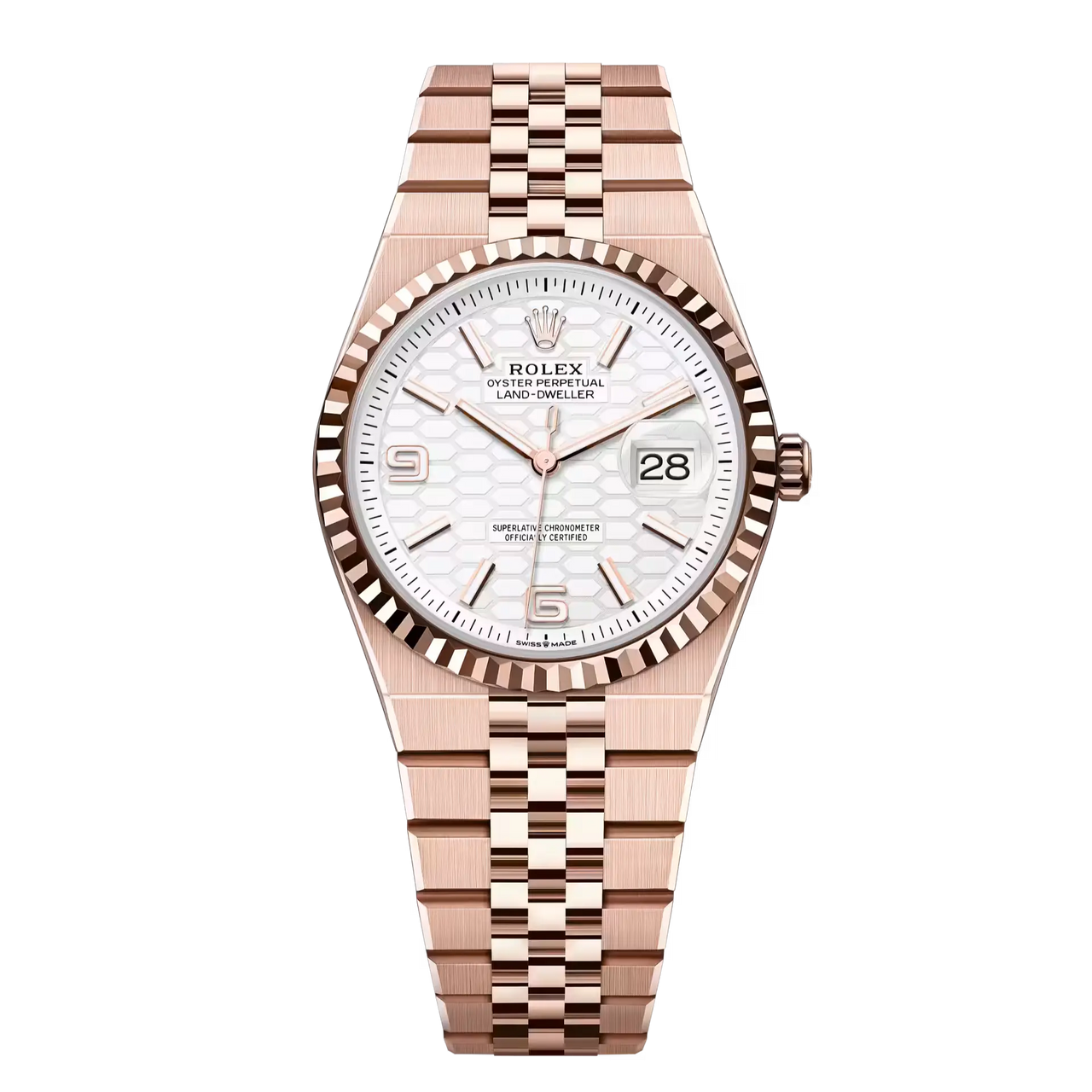 Land-Dweller 36 in 18 ct Everose gold with an intense white, honeycomb-motif dial and Flat Jubilee bracelet.