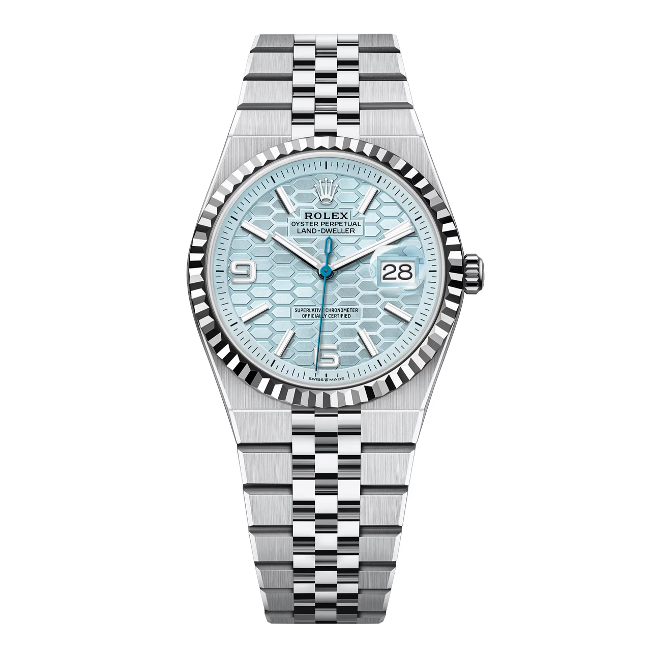 Land-Dweller 36 in platinum with an ice-blue, honeycomb-motif dial and Flat Jubilee bracelet.