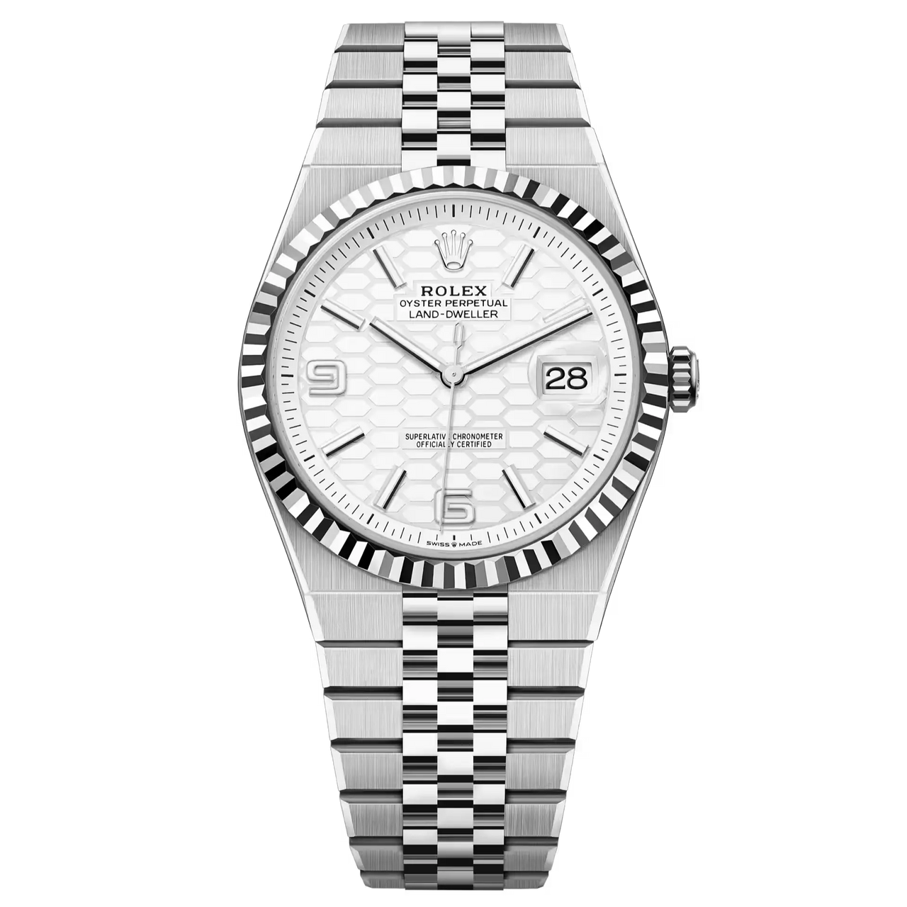 The Land-Dweller 40 in Oystersteel and white gold with an intense white, honeycomb-motif dial and Flat Jubilee bracelet.