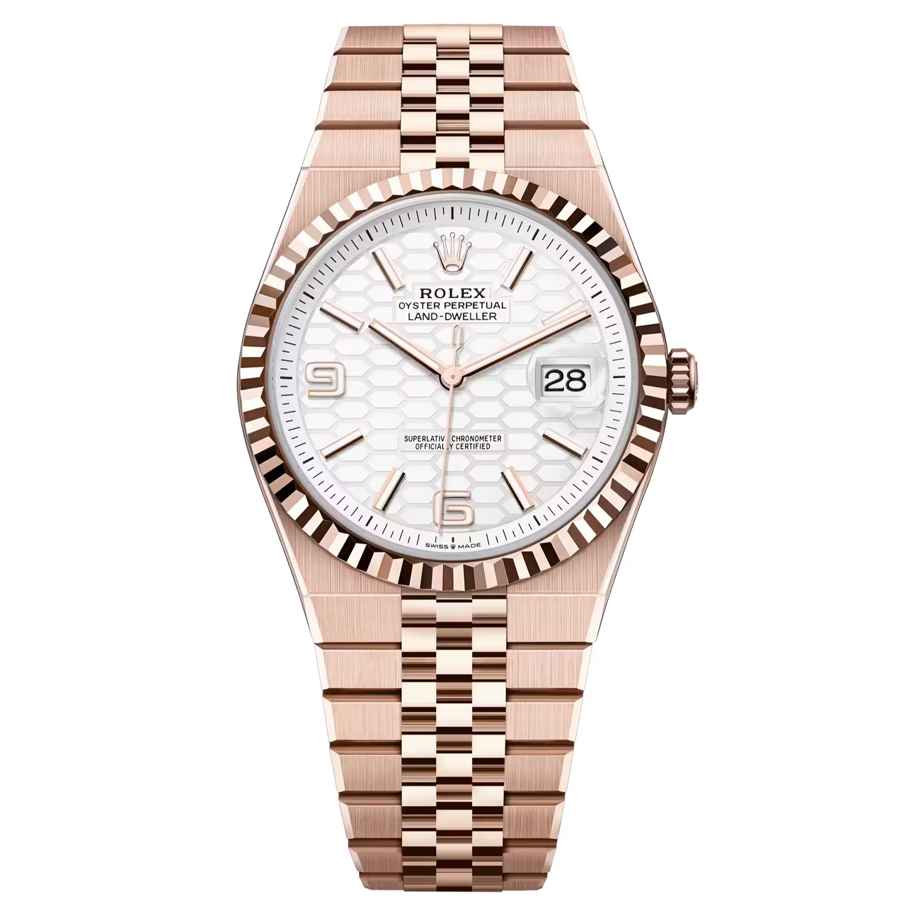 Land-Dweller 40 in 18 ct Everose gold with an intense white, honeycomb-motif dial and Flat Jubilee bracelet.