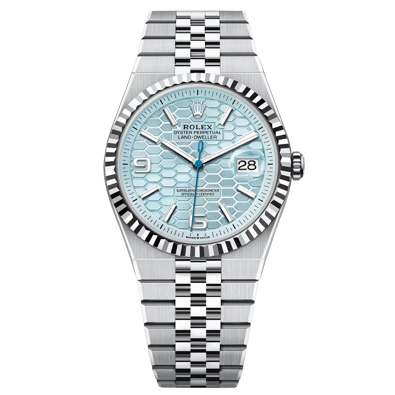 Land-Dweller 40 in platinum with an ice-blue, honeycomb-motif dial and Flat Jubilee bracelet.