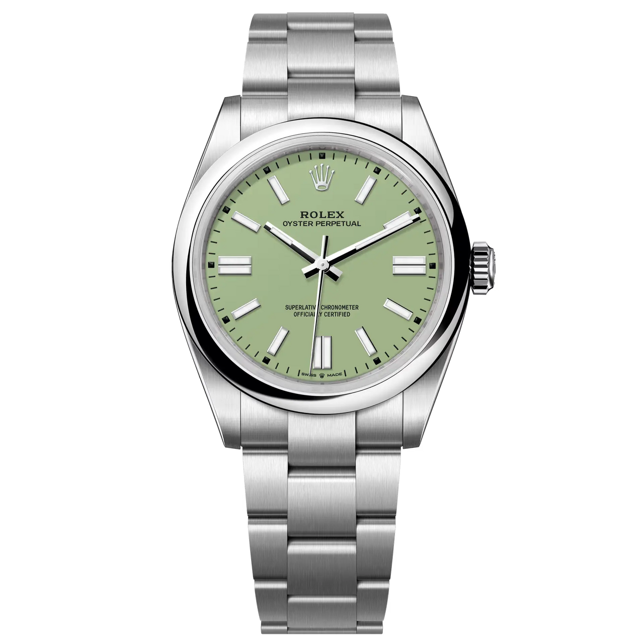 The Oyster Perpetual 41 with a pistachio dial and an Oyster bracelet.