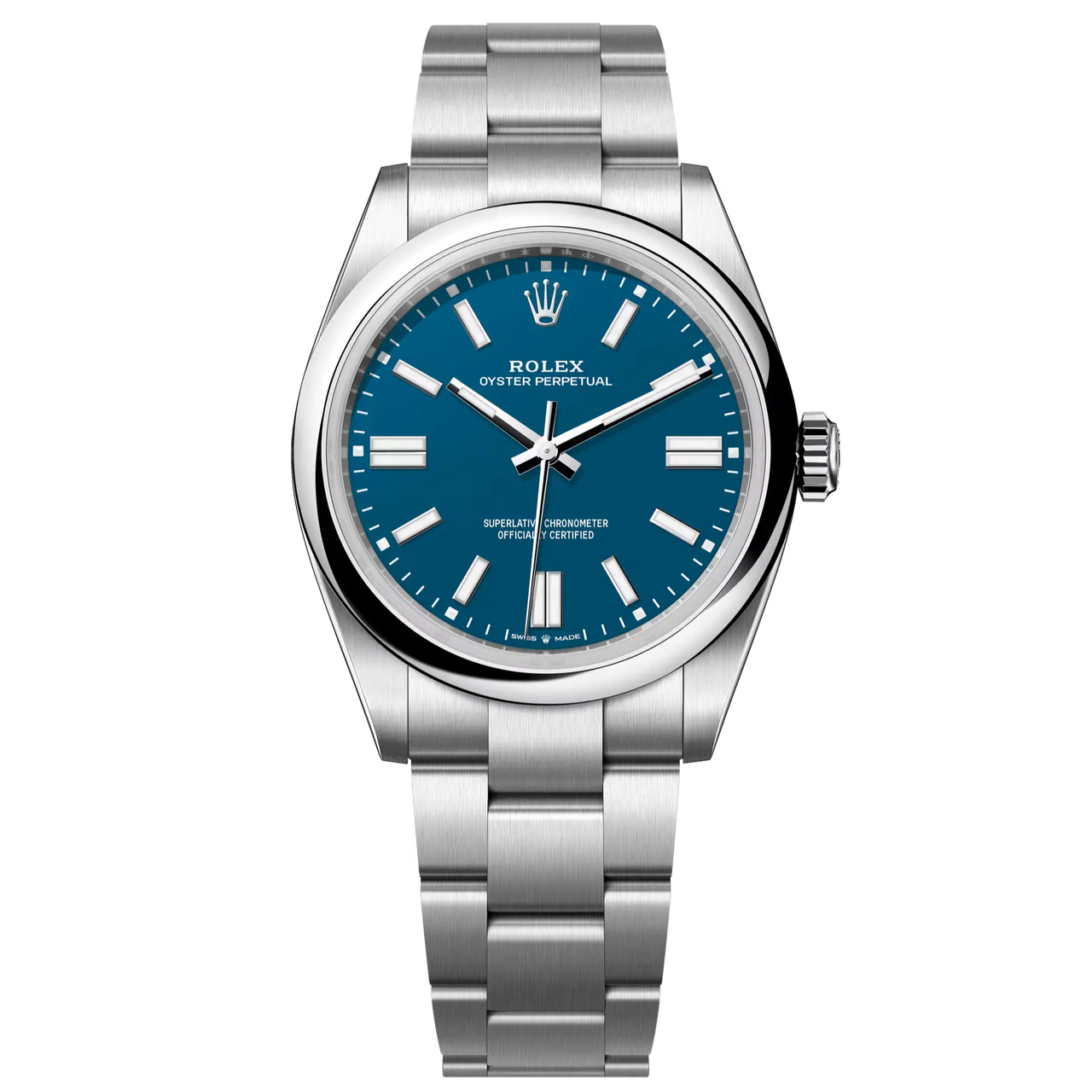 The Oyster Perpetual 41 with a med blue dial and an Oyster bracelet.